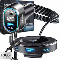 Ładowarka Samochodowa Z Przedłużaczem Dysk 98W 2xUSB 3xUSB-C