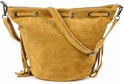 Musztardowa damska torebka worek skóra zamsz frędzle włoska