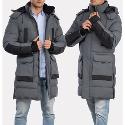 Kurtka Męska Długi Płaszcz Puchowy Pikowany Parka Grafitowa