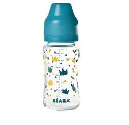 Beaba, Butelka szklana, szerokootworowa, Yellow/Blue Crown, 240 ml