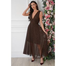 Sukienka maxi rozkloszowana z brokatem siateczka czekolada Ellens