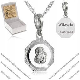 Srebrny Łańcuszek Medalik Matka Boska 925 Komunia Chrzest
