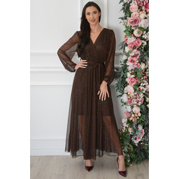 Sukienka maxi z siateczka brokat długi rękaw czekolada