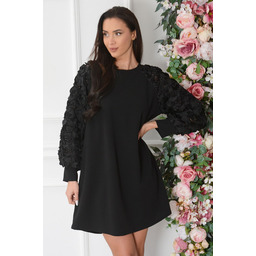 Sukienka trapezowa rękawy róże 3D czarna Kayana
