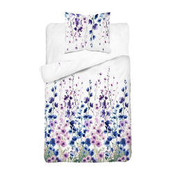 Detexpol Pościel bawełniana 140x200 biała w niebiesko-fioletowe kwiaty