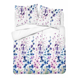 Detexpol Pościel bawełniana 160x200 biała w niebiesko-fioletowe kwiaty