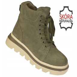 Śniegowce damskie skórzane botki ocieplane creepersy khaki B-3-1379