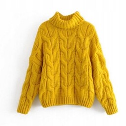 Sweter Ciepły Miły Gruby Pleciony Z Golf-Em Żółty