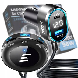Ultraszybka Ładowarka Samochodowa 98W 2xUSB 3xUSB-C LCD Klips
