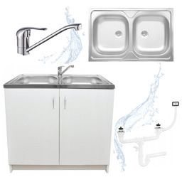 Szafka Kuchenna Biała ze Zlewem Dwukomorowym Bateria Obrotowa