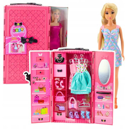 Zestaw Lalka Z Szafą Akcesoria Różowa Ubrania Dodatki