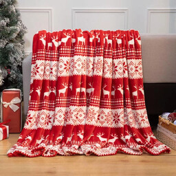 Koc bożonarodzeniowy z mikrofibry czerwono-biały w renifery KFJ-15