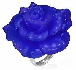 Błyszczący stalowy pierścionek - niebieska róża z żywicy