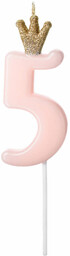 Świeczka cyferka pięć jasnoróżowa z koroną - 5
