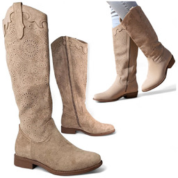 Kowbojki Damskie Ażurowe Zamszowe Kozaki Jesienne Eleganckie Beż