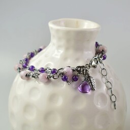 Pakamera Morganit z ametystem w srebrze - bransoletka