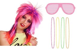 Zestaw Disco Lata 80 Różowy Peruka Okulary Naszyjnik