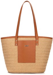 Pleciony koszyk z detalem z ekoskóry beżowo -