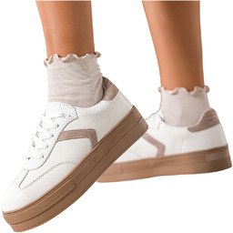 Białe sneakersy skórzane damskie creepersy na platformie ciemnobeżowe