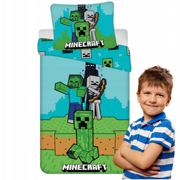 Pościel bawełniana 140x200 Minecraft Mobs Here niebieska zielona