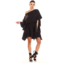 Czarna Kimonowa Sukienka z Paskiem