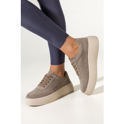 Beżowe Sneakersy Skórzane Damskie Creepersy Na Platformie Sznurowane