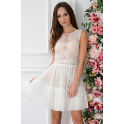 Sukienka z koronki i tiulu z falbaną biało-beżowa