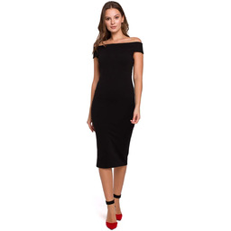 Czarna Dopasowana Midi Sukienka z Dekoltem w Łódkę