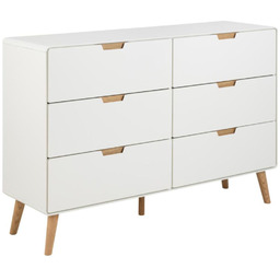 Biała komoda Lowell z 6 szufladami i dębowymi