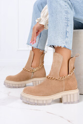 Camelowe botki na platformie z łańcuszkiem POLSKA SKÓRA