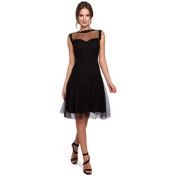 Czarna Zwiewna Tiulowa Sukienka z Koronką