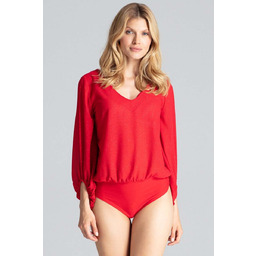 Czerwone Eleganckie Body w Serek z Brokatowym Połyskiem