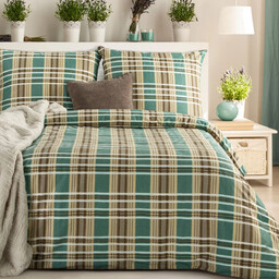 Pościel z satyny bawełnianej w jasnobrązowo-zieloną kratę PTE-180