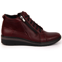 Skórzane komfortowe botki na koturnie bordowe Helios 567