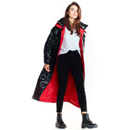 Czarny Długi Płaszcz z Kapturem z Wzorzystej Tkaniny