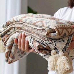 ELASAD Narzuta boho, dzianinowy brązowy koc z frędzlami,
