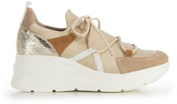 Damskie sneakersy z elastycznej tkaniny na koturnie beżowo-białe