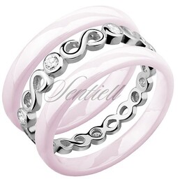 Dwa różowe pierścionki ceramiczne i pierścionek srebrny