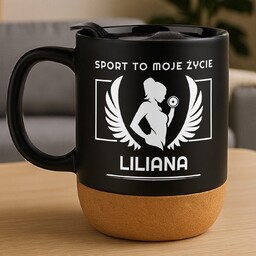 Kubek ceramiczny czarny z przykrywką dla niej fitnesski