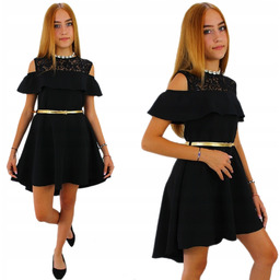 Wizytowa Czarna Galowa Sukienka Z Paskiem 146