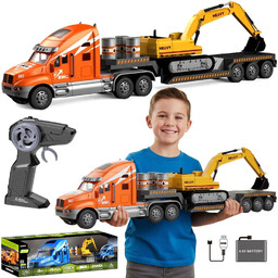 AUTO CIĘŻARÓWKA Z PRZYCZEPA LAWETA KOPARKA DŹWIG ZABAWKA