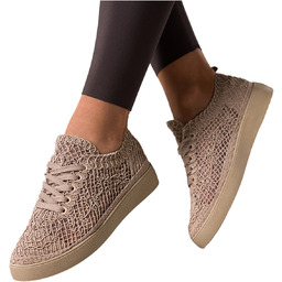 Ciemnobeżowe sneakersy damskie buty sportowe ażurowe koronkowe sznurowane
