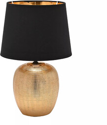 LAMPA STOŁOWA na złotej, tekstualnej podstawie, czarno-złoty abażur,