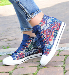 Wysokie sznurowane trampki na niskim koturnie Flower Blue