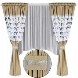 Firana Gotowa Biała Woal Beżowe Zasłony Z Cyrkoniami