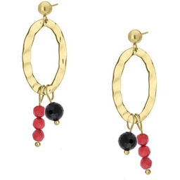 Czerwony koral i turmalin młotkowane złote kolczyki wiszące