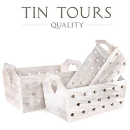 KOMPLET 3 DREWNIANYCH SKRZYNEK Z WYCIĘTYMI GWIAZDKAMI