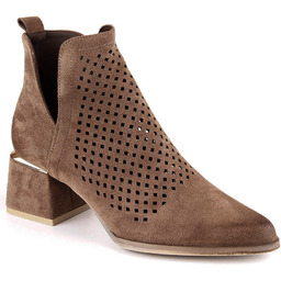 Zamszowe botki damskie na obcasie ażurowe brązowe Potocki