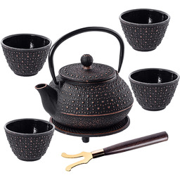 Czajnik żeliwny z czarkami i zaparzaczem Genua czarny