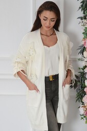 Sweter kardigan w szyfonowe kwiaty krem Podsy